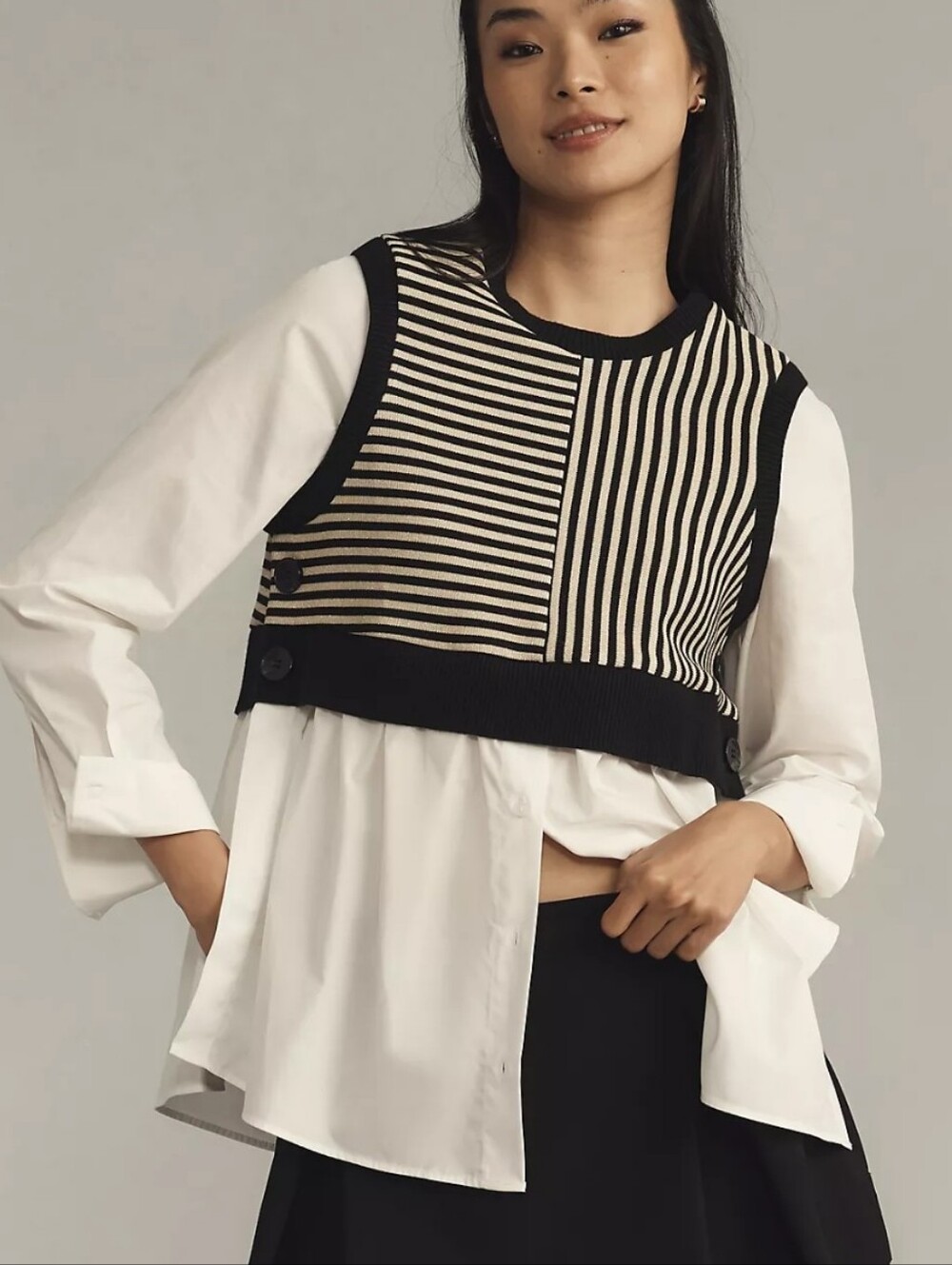 Maeve For Anthropologie Long Sleeve Linen Twofer Sweater Vest Top Size Large